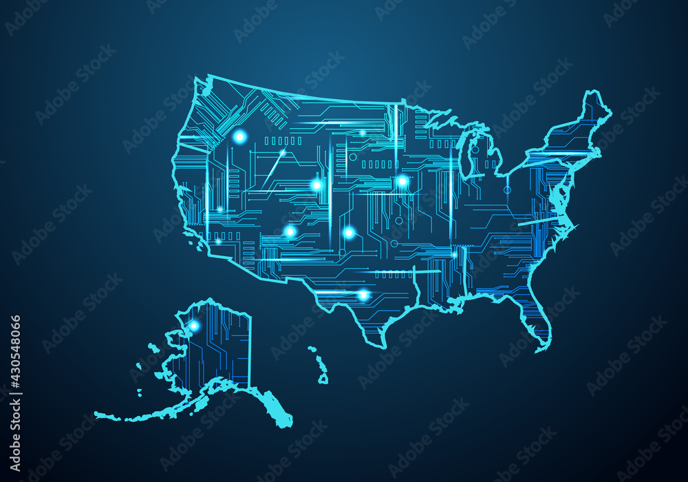 Abstract futuristic map of america. Circuit Board Design Electric of the region. Technology background. mash line and point scales on dark with map. Abstract futuristic map of america. Circuit Board Design Electric of the region. Technology background. mash line and point scales on dark with map.
