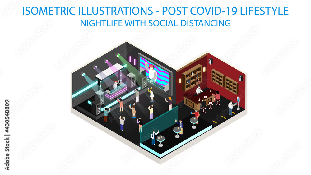 New normal life style in Night club, wearing mask and social distancing. Isometric detailing view point. New normal life style in Night club, wearing mask and social distancing. Isometric detailing view point.