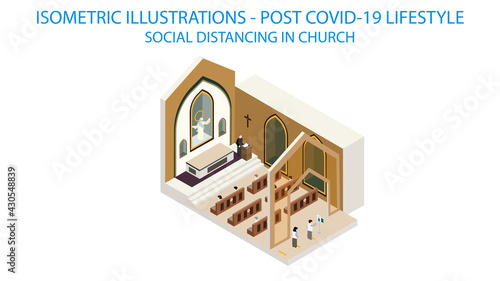 New normal life style in Church, wearing mask and social distancing. Isometric detailing view point.