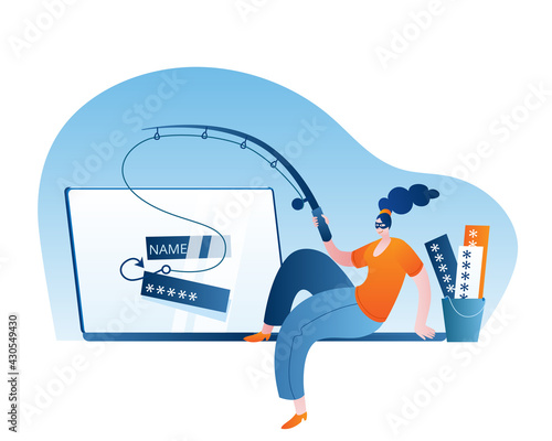 A girl in a mask sits on a laptop and catches the user's passwords on a hook. Concept of a vector illustration on the topic of cybercrime and phishing attacks.