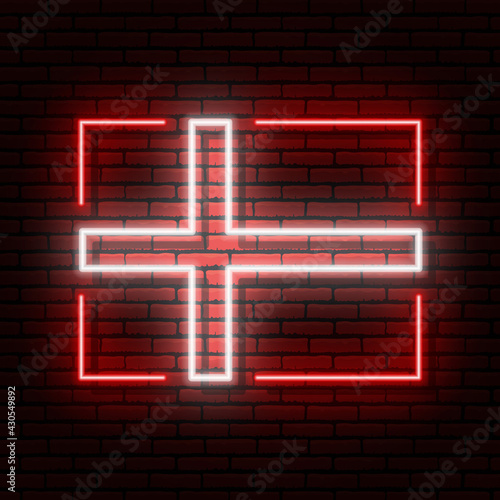 Neon sign in the form of the flag of Denmark. Against the background of a brick wall with a shadow. for the design of tourist or patriotic themes. Red white colors.