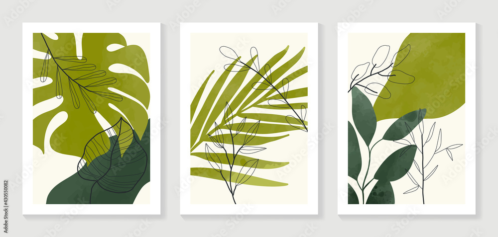Botanical wall art vector set. Water color boho foliage line art ...