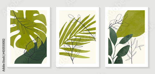 Botanical wall art vector set. Water color boho foliage line art drawing with  abstract shape.  Abstract Plant Art design for print, cover, wallpaper, Minimal and  natural wall art.