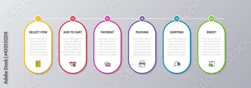Concept of shopping process with 6 successive steps. Six colorful graphic elements. Timeline design for brochure, presentation, web site. Infographic design layout.