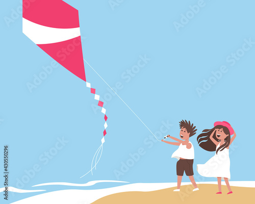 Children fly a kite on the seashore. A strong wind blows the kite into the sky. Design for a summer holiday postcard. Flat vector illustration.