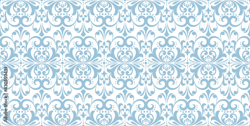 Wallpaper in the style of Baroque. Seamless vector background. White and blue floral ornament. Graphic pattern for fabric, wallpaper, packaging. Ornate Damask flower ornament Wallpaper in the style of Baroque. Seamless vector background. White and blue floral ornament. Graphic pattern for fabric, wallpaper, packaging. Ornate Damask flower ornament