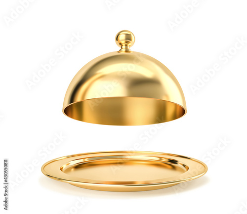Golden tray and cloche isolated on white. Clipping path included photo