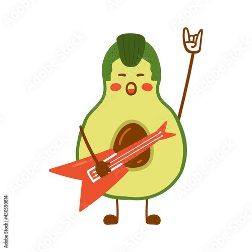 Avocado Rock and Roll. Vector flat illustration of cute avocado character with guitar.