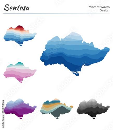 Set of vector maps of Sentosa. Vibrant waves design. Bright map of the island in geometric smooth curves style. Amazing vector illustration.