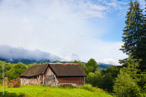 An old wooden house high in the mountains near the forest in summer.