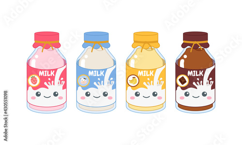 Cute colorful milk packaging of different flavor. Flat vector cartoon design