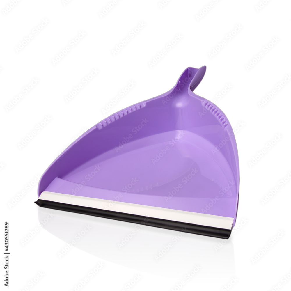 Purple plastic scoop with white rubbish cleaning brush isolated on white background. Household products.
Purple plastic scoop with white rubbish cleaning brush isolated on white background. Household products.
