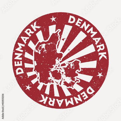 Denmark stamp. Travel red rubber stamp with the map of the country, vector illustration. Can be used as insignia, logotype, label, sticker or badge of Denmark.