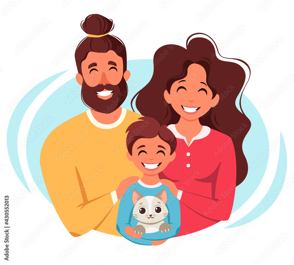 Happy family with son and cat. Parents hugging child. Vector illustration Happy family with son and cat. Parents hugging child. Vector illustration