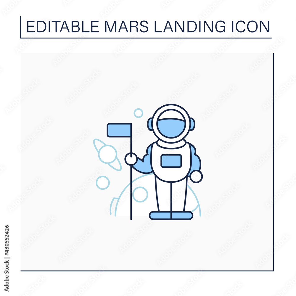 Astronaut line icon. Spaceman keeps flag. Visit note. Planet research. Mars landing concept. Isolated vector illustration. Editable stroke