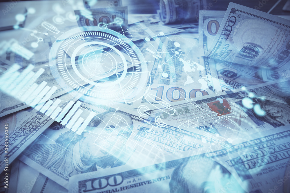 Multi exposure of business theme drawing over us dollars bill background. Concept of financial success. Multi exposure of business theme drawing over us dollars bill background. Concept of financial success.