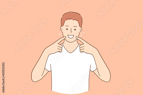 Dental health and hygiene concept. Young smiling handsome man in casual clothes standing smiling cheerful showing healthy white teeth and mouth vector illustration 
