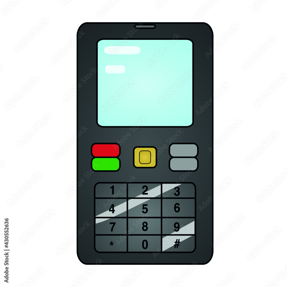The old-style push-button phone from the front side. Device has a screen and buttons, it is made in dark gray color. Vector art. The old-style push-button phone from the front side. Device has a screen and buttons, it is made in dark gray color. Vector art.
