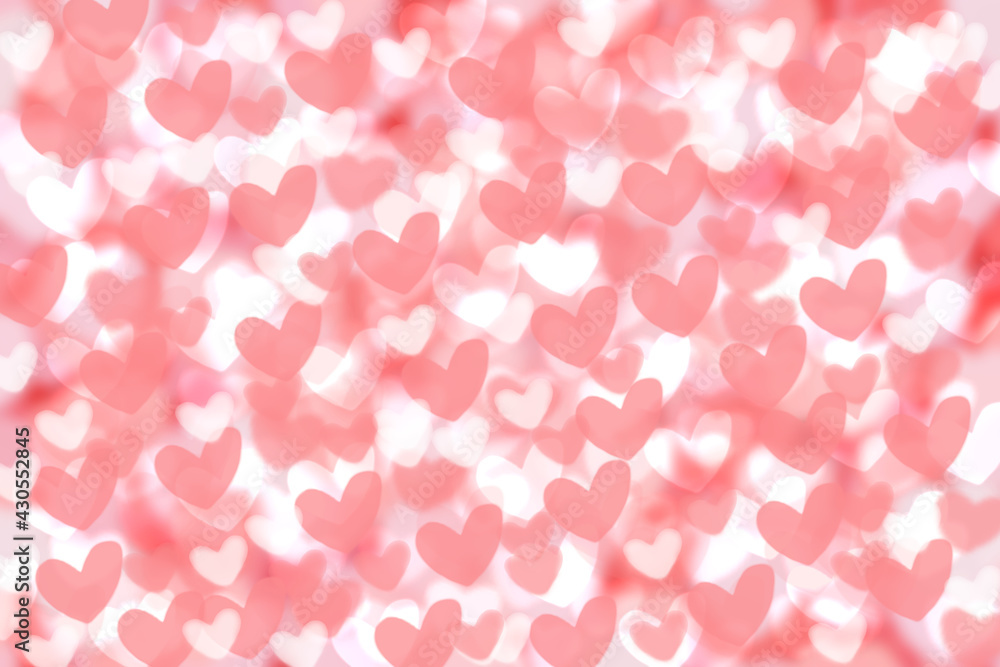 Abstract festive blur bright pink pastel background texture with pink and white hearts love bokeh for Mothers day, valentine or wedding card. Space for design. Card concept.