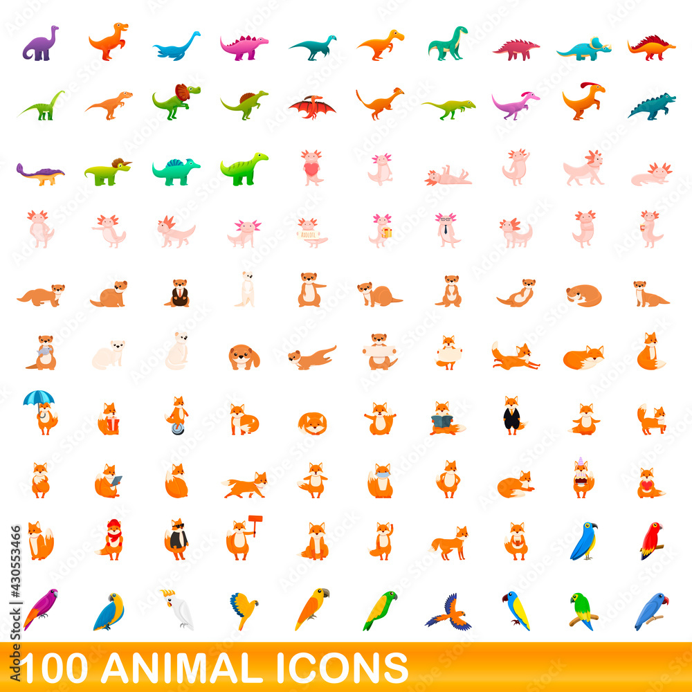Fototapeta premium 100 animal icons set. Cartoon illustration of 100 animal icons vector set isolated on white background