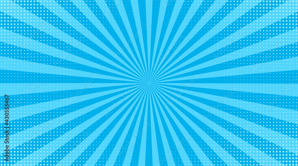 Fototapeta premium Pop art halftone background. Comic starburst pattern. Blue banner with dots and rays. Cartoon retro sunburst effect. Vintage duotone texture. Superhero wow banner. Vector illustration.