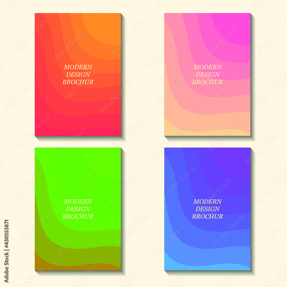 Modern colorful cover design set. Abstract wavy line pattern (curves) in yellow, pink, blue, orange, green colors. Creative stripe vector collection for business background, brochure template, booklet