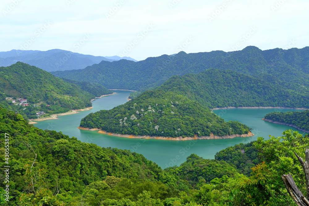 View from Catfish Head Observation Deck at Feitsui Reservoir in Shiding District, New Taipei, Taiwan.