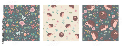 Set of seamless patterns with cute hedgehogs and flowers. Vector graphics.