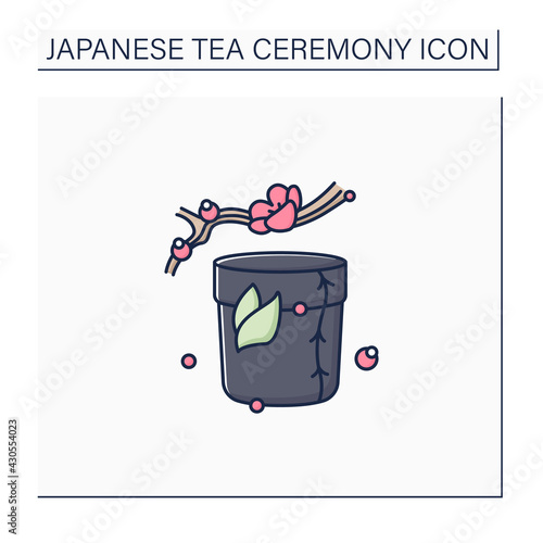 Tea caddy color icon. Special box for traditional herbal tea.Japanese ethnic and national ceremony. Sakura twig. Tea ceremony concept.Isolated vector illustration