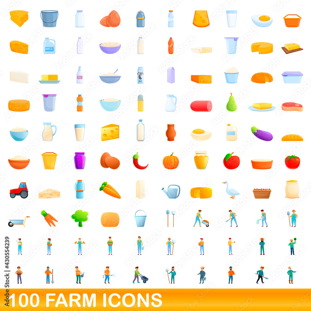 100 farm icons set. Cartoon illustration of 100 farm icons vector set isolated on white background