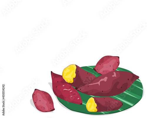 Isolated  whole and a half steamed yellow sweet potato on banana leaves. Food ingredients vector illustration on white background. Close up steamed potato hand drawing vector.