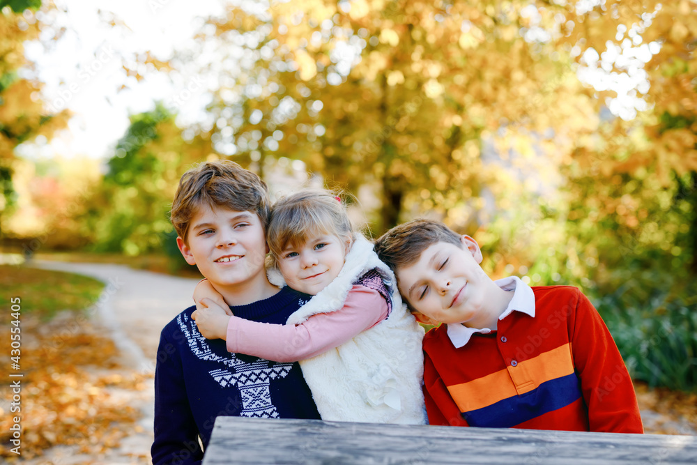 Portrait of three siblings children. Two kids brothers boys and little cute toddler sister girl having fun together in autumn park. Happy healthy family playing, walking, active leisure on nature Portrait of three siblings children. Two kids brothers boys and little cute toddler sister girl having fun together in autumn park. Happy healthy family playing, walking, active leisure on nature