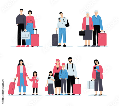 People at the airport with baggage. Check-in queue, family travel, business travel. Vector illustration in flat style isolated on white background