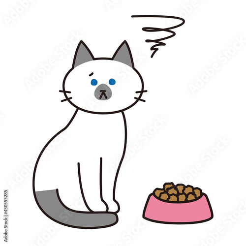 キャットフードに不満がある表情をしたシャム猫