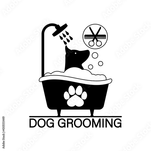 Dog grooming logo design template. The dog is washing in the bathtub. Vector clipart and drawing. Isolated illustration on white background.