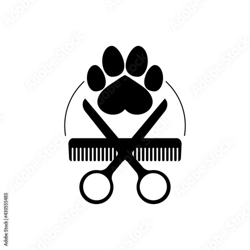 Dog grooming logo design template. Dog pawprint with comb and scissors. Vector clipart and drawing. Isolated illustration on white background.