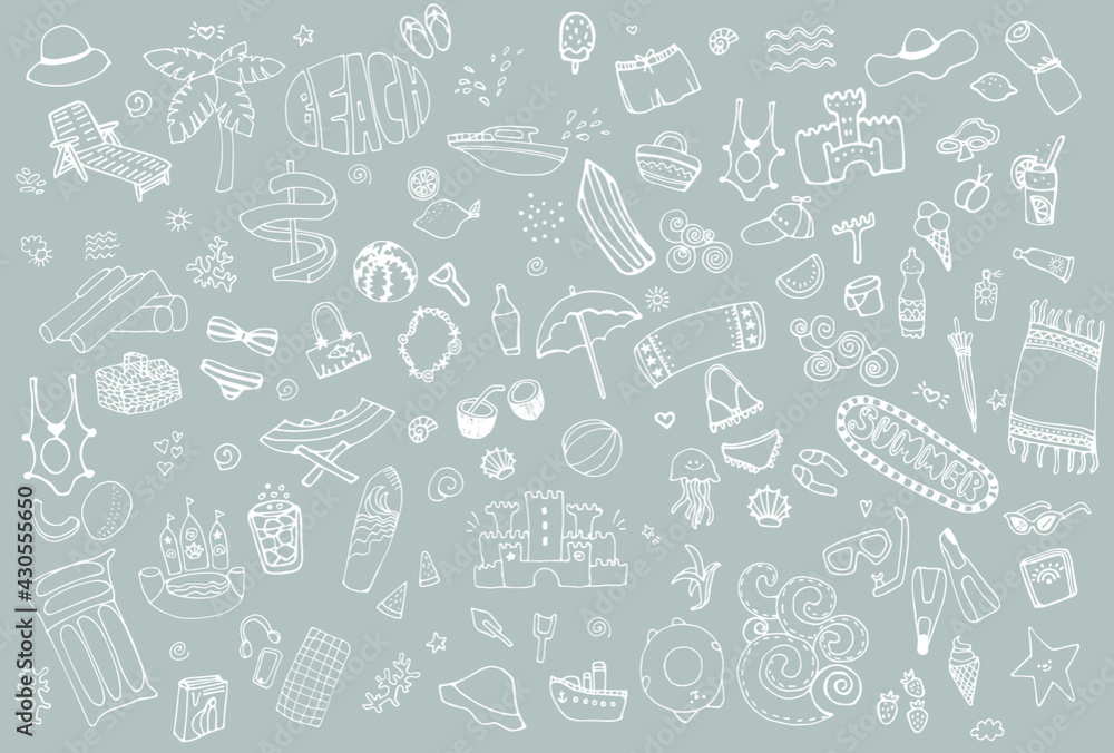 Big set of hand drawn cute cartoon summer symbol and objects for wrapping, package, poster, web design, fabric. illustration isolated over grey background Big set of hand drawn cute cartoon summer symbol and objects for wrapping, package, poster, web design, fabric. illustration isolated over grey background