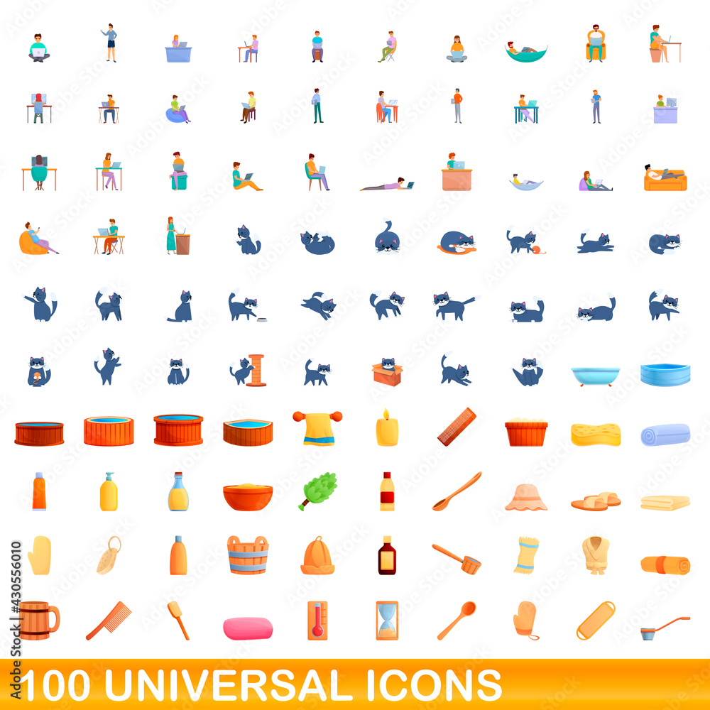 100 universal icons set. Cartoon illustration of 100 universal icons vector set isolated on white background 100 universal icons set. Cartoon illustration of 100 universal icons vector set isolated on white background