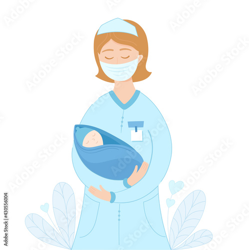 Vector illustration for midwife day. Nurse or midwife with mask holding a newborn by hands.