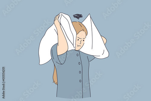 Stress and annoying concept. Annoyed young woman cartoon character standing covering ears with pillows feeling irritated of loud noise vector illustration 