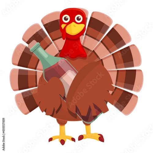 Thanksgiving turkey with wine bottle icon. Cartoon of Thanksgiving turkey with wine bottle vector icon for web design isolated on white background