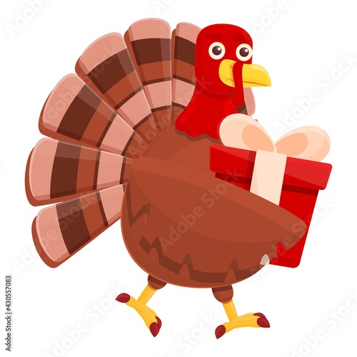 Thanksgiving turkey with gift box icon. Cartoon of Thanksgiving turkey with gift box vector icon for web design isolated on white background