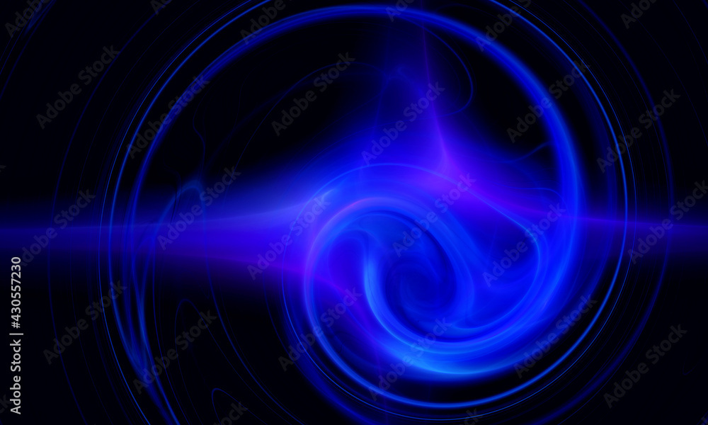 Bright blue swirl unwinding in dark far space. 3d abstract digital illustration. Fixional galaxy sound, ambient flow or music. Sci-fi artistic representation. Fairy shape, helix or substance. 
