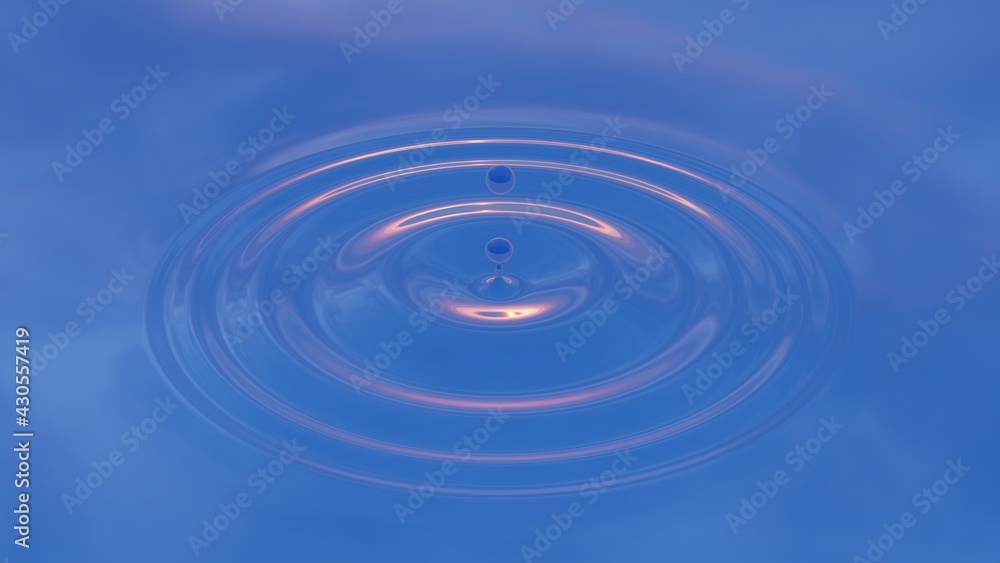 Concept or conceptual blue liquid drop falling in water on background with ripples and waves. 3d illustration metaphor for nature, natural, summer, spa, cool, business, environment, rain or health Concept or conceptual blue liquid drop falling in water on background with ripples and waves. 3d illustration metaphor for nature, natural, summer, spa, cool, business, environment, rain or health