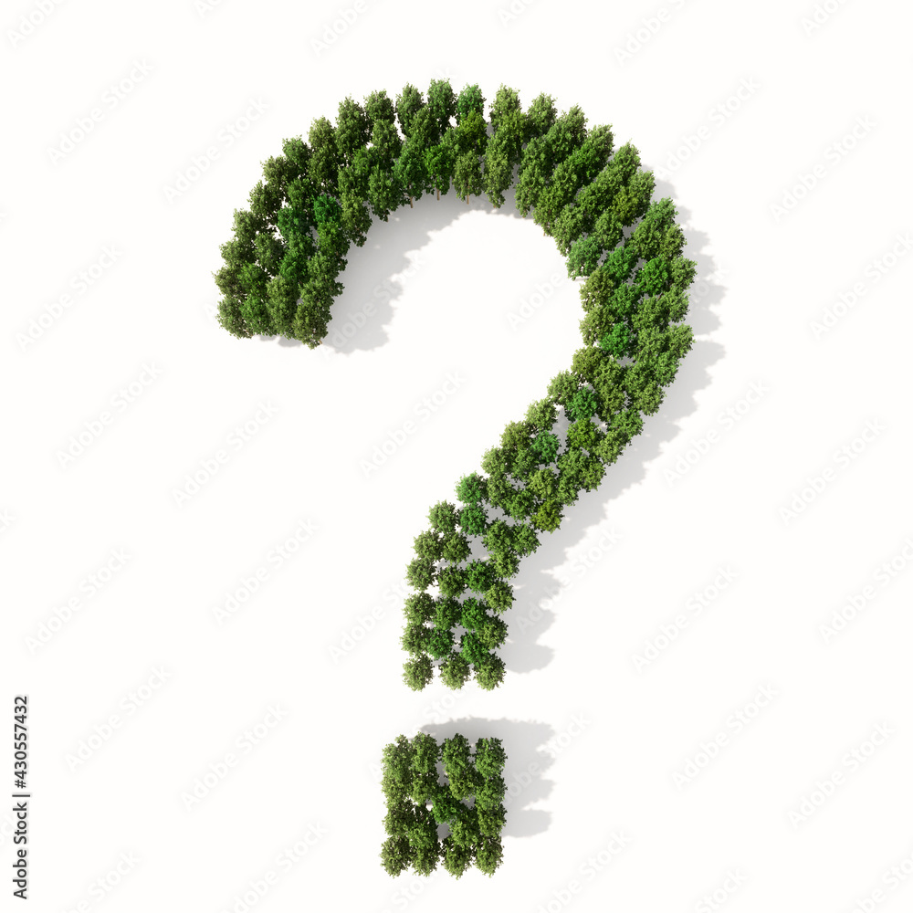 Concept or conceptual group of green forest tree isolated on white background, question mark. 3d illustration metaphor for nature, conservation, global warming, environment, ecology, climate Concept or conceptual group of green forest tree isolated on white background, question mark. 3d illustration metaphor for nature, conservation, global warming, environment, ecology, climate