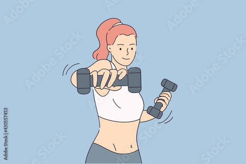 Workout and sports training concept. Cheerful smiling fitness woman cartoon character in sportswear standing and doing workout with dumbbells vector illustration 