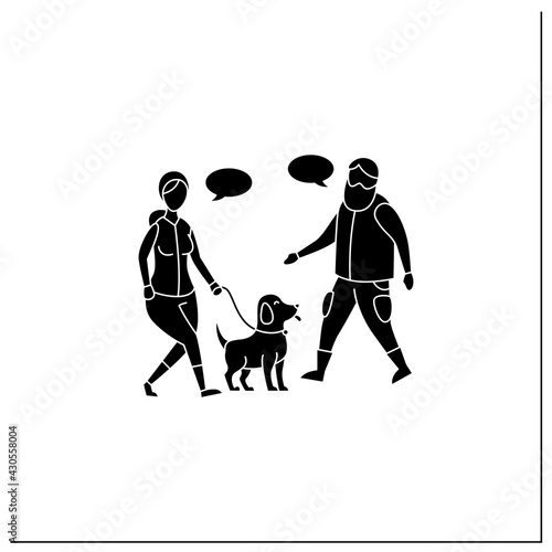 Pets benefits glyph icon.Helps meet new people, acquaintances. Walking with a dog. Communication. Animal caring concept. Filled flat sign. Isolated silhouette vector illustration