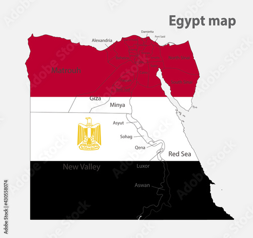 Map of the Egypt in the colors of the flag with administrative divisions vector