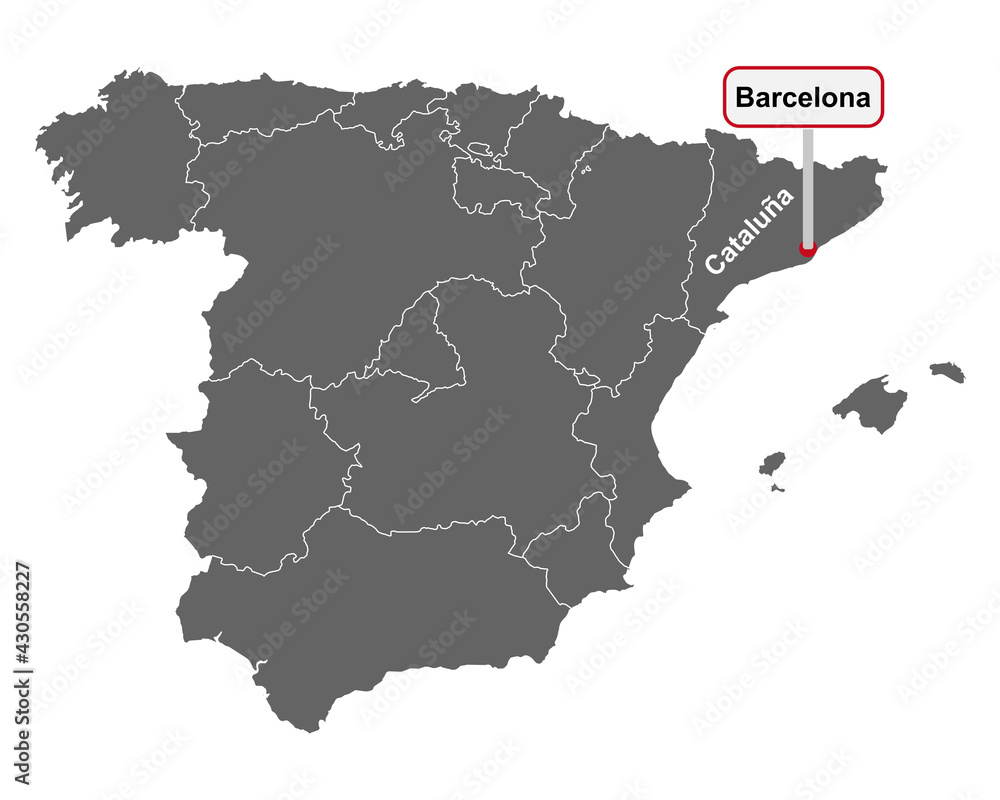 Landkarte von Spanien mit Ortsschild von Barcelona
