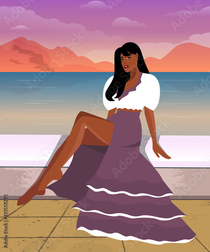 Digital illustration of a beautiful girl in summer on vacation posing for a photo and admiring the sunset